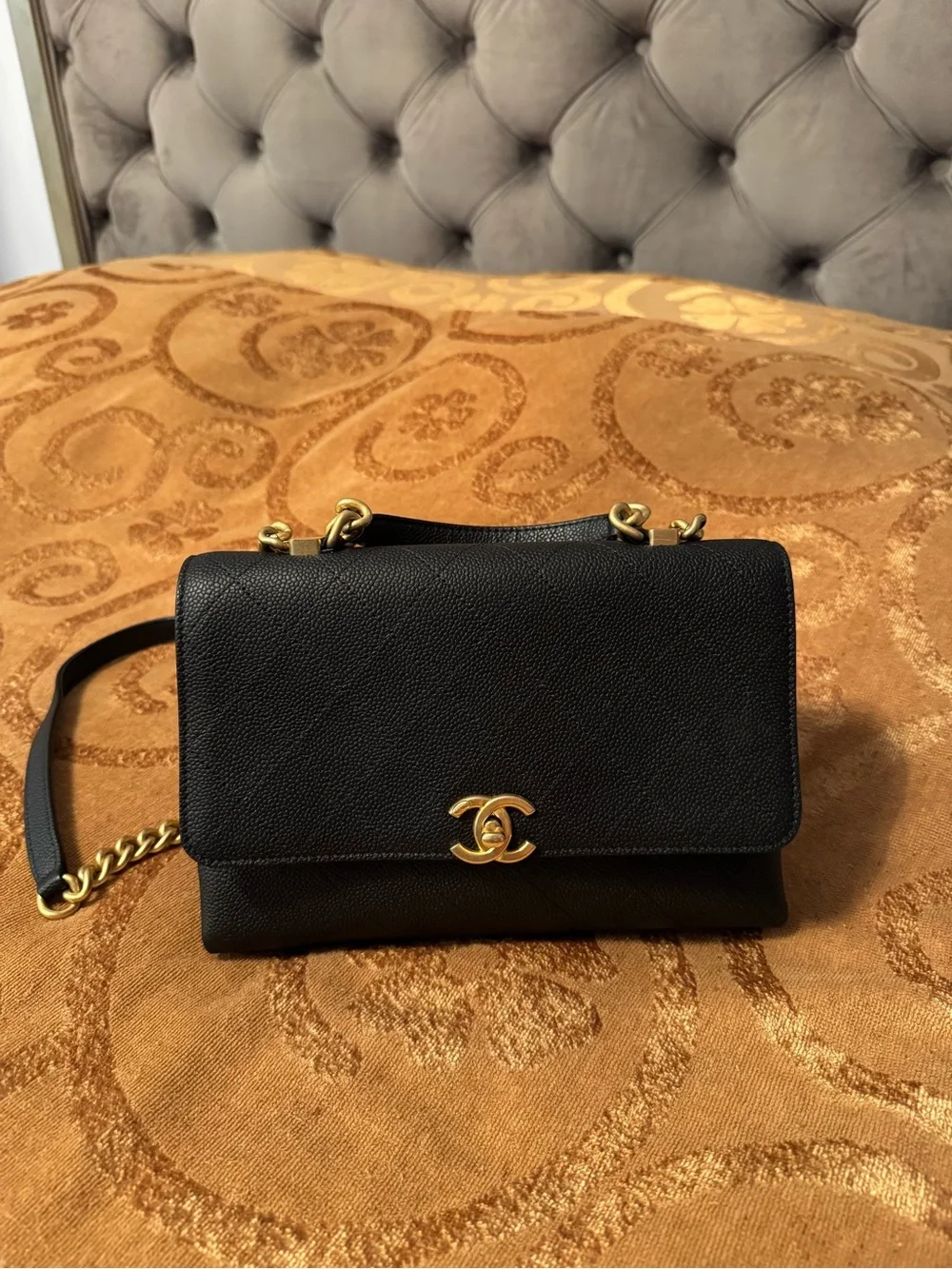CHANEL Black Caviar Leather Shoulder Bag with Gold Hardware